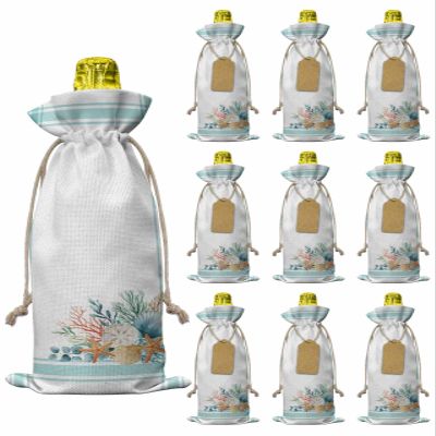 10pcs Linen Burlap Wine Bags with Drawstring Aqua Coastal Wine Gift Bag with Tags Reusable Wines Bottle Cover Gift Bags for Birthday Tasting Party Supplies Nautical Seashells Coral Leaves Stripes