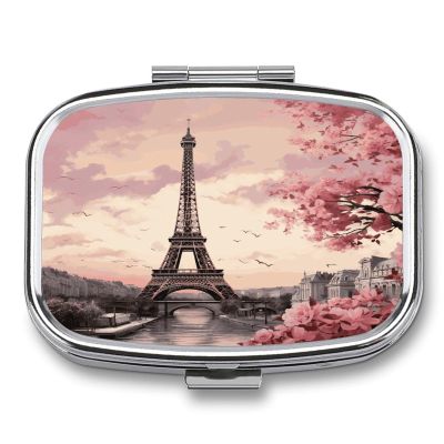 Romantic Paris Tower Pill Cases Portable Small Metal Medicine Box 2 Compartments Square Travel Medicine Case Daily Vitamin Organizer Box for Fish Oils Vitamins Supplements