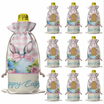 10pcs Linen Burlap Wine Bags with Drawstring Easter Wine Gift Bag with Tags Reusable Wines Bottle Cover Gift Bags for Birthday Tasting Party Supplies Spring Watercolor Bunny Eggs Flowers Pink Plaid