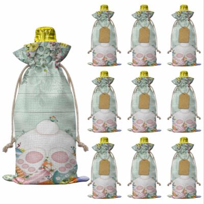 10pcs Linen Burlap Wine Bags with Drawstring Cute Easter Bunny Wine Gift Bag with Tags Reusable Wines Bottle Cover Gift Bags for Birthday Party Supplies Eucalyptus Leaves Colorful Eggs Teal Wooden