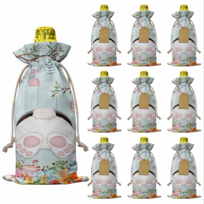 10pcs Linen Burlap Wine Bags with Drawstring Easter Bunny Wine Gift Bag with Tags Reusable Wines Bottle Cover Gift Bags for Birthday Party Supplies Easter Eggs Spring Farmhouse Wood Grain Teal Blue