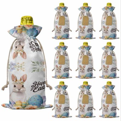10pcs Linen Burlap Wine Bags with Drawstring Happy Easter Wine Gift Bag with Tags Reusable Wines Bottle Cover Gift Bags for Birthday Wines Tasting Party Supplies Spring Watercolor Bunny Eggs Flowers