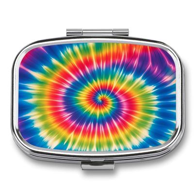 Tie Dye Rainbow Pill Cases Portable Small Metal Medicine Box 2 Compartments Square Travel Medicine Case Daily Vitamin Organizer Box for Fish Oils Vitamins Supplements