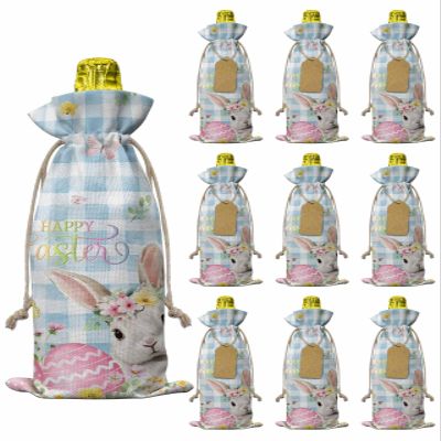 10pcs Linen Burlap Wine Bags with Drawstring Blue Easter Wine Gift Bag with Tags Reusable Wines Bottle Cover Gift Bags for Birthday Tasting Party Supplies Spring Easter Bunny Eggs Floral Buffalo Plaid