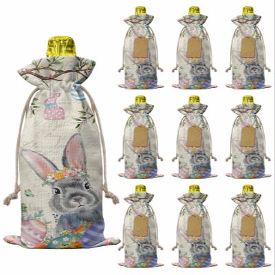 10pcs Linen Burlap Wine Bags with Drawstring Easter Wine Gift Bag with Tags Reusable Wines Bottle Cover Gift Bags for Birthday Tasting Party Supplies Spring Grey Bunny Colorful Eggs Tree Butterfly