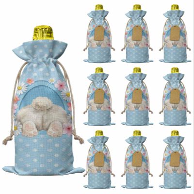 10pcs Linen Burlap Wine Bags with Drawstring Blue Pink Easter Wine Gift Bag with Tags Reusable Wines Bottle Cover Gift Bags for Birthday Party Supplies Easter Bunny Watercolor Dots Floral Artwork