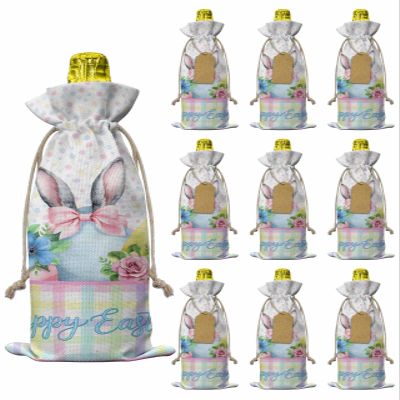 10pcs Linen Burlap Wine Bags with Drawstring Easter Wine Gift Bag with Tags Reusable Wines Bottle Cover Gift Bags for Birthday Tasting Party Supplies Spring Colorful Bunny Eggs Flowers Polka Dot Plaid