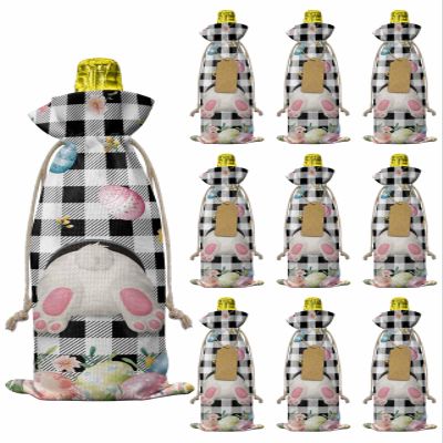 10pcs Linen Burlap Wine Bags with Drawstring Easter Wine Gift Bag with Tags Reusable Wines Bottle Cover Gift Bags for Birthday Tasting Party Supplies Spring Bunny Feet Flowers Eggs Black Buffalo Plaid