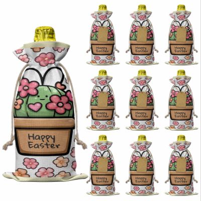10pcs Linen Burlap Wine Bags with Drawstring Easter Wine Gift Bag with Tags Reusable Wines Bottle Cover Gift Bags for Birthday Party Supplies Bunny Ears Spring Pink Flowers Potted Plant Country