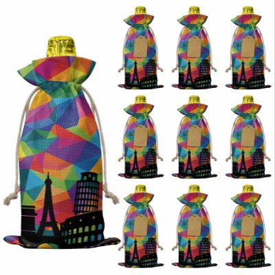 10pcs Linen Burlap Wine Bags with Drawstring Eiffel Tower Wine Gift Bag with Tags Reusable Wines Bottle Cover Gift Bags for Birthday Tasting Party Supplies Modern Colorful European Architectural Art
