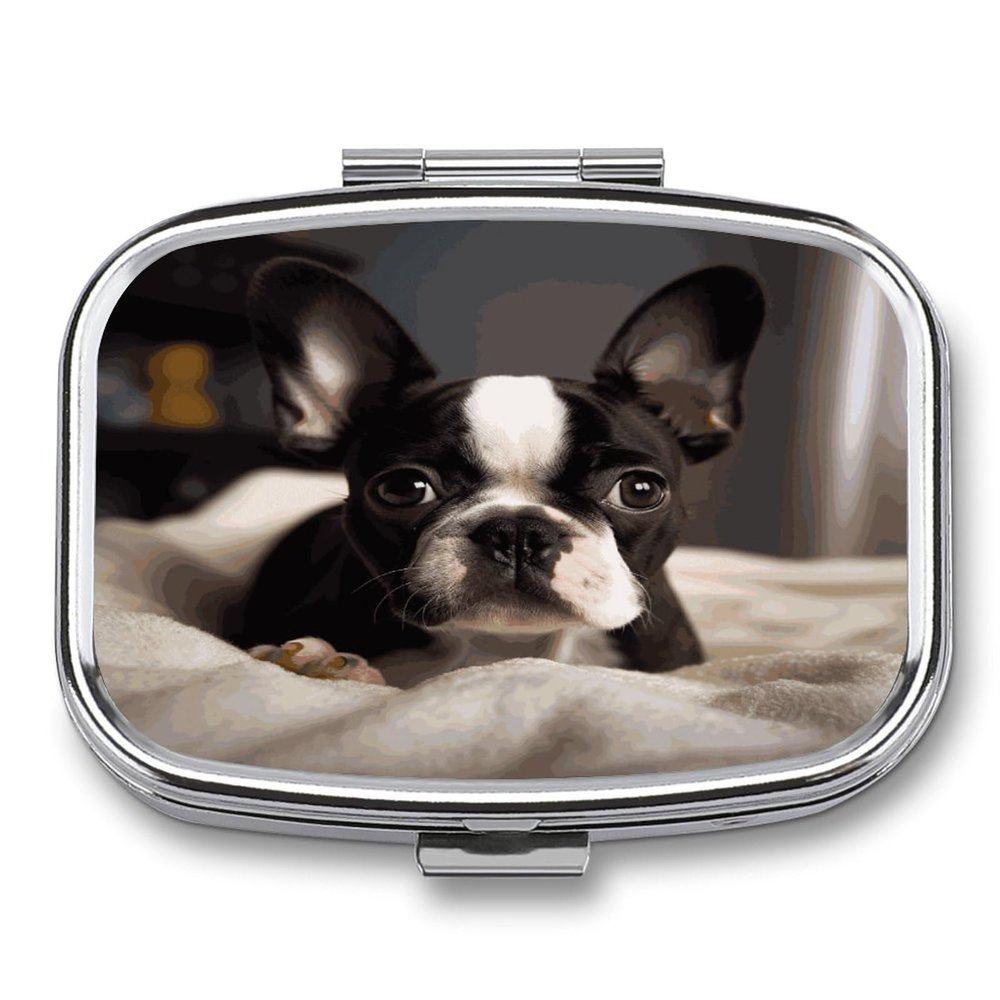 Cute Boston Terrier Pill Cases Portable Small Metal Medicine Box 2 Compartments Square Travel Medicine Case Daily Vitamin Organizer Box for Fish Oils Vitamins Supplements