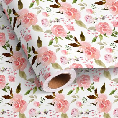 Dtiafu Pink Floral Wrapping Paper Roll - Watercolor Pink Roses Elegant Flower Gift Wrap Design for Valentine's Day Mother's Day Wedding Bridal Shower Total 28.5 sq.ft