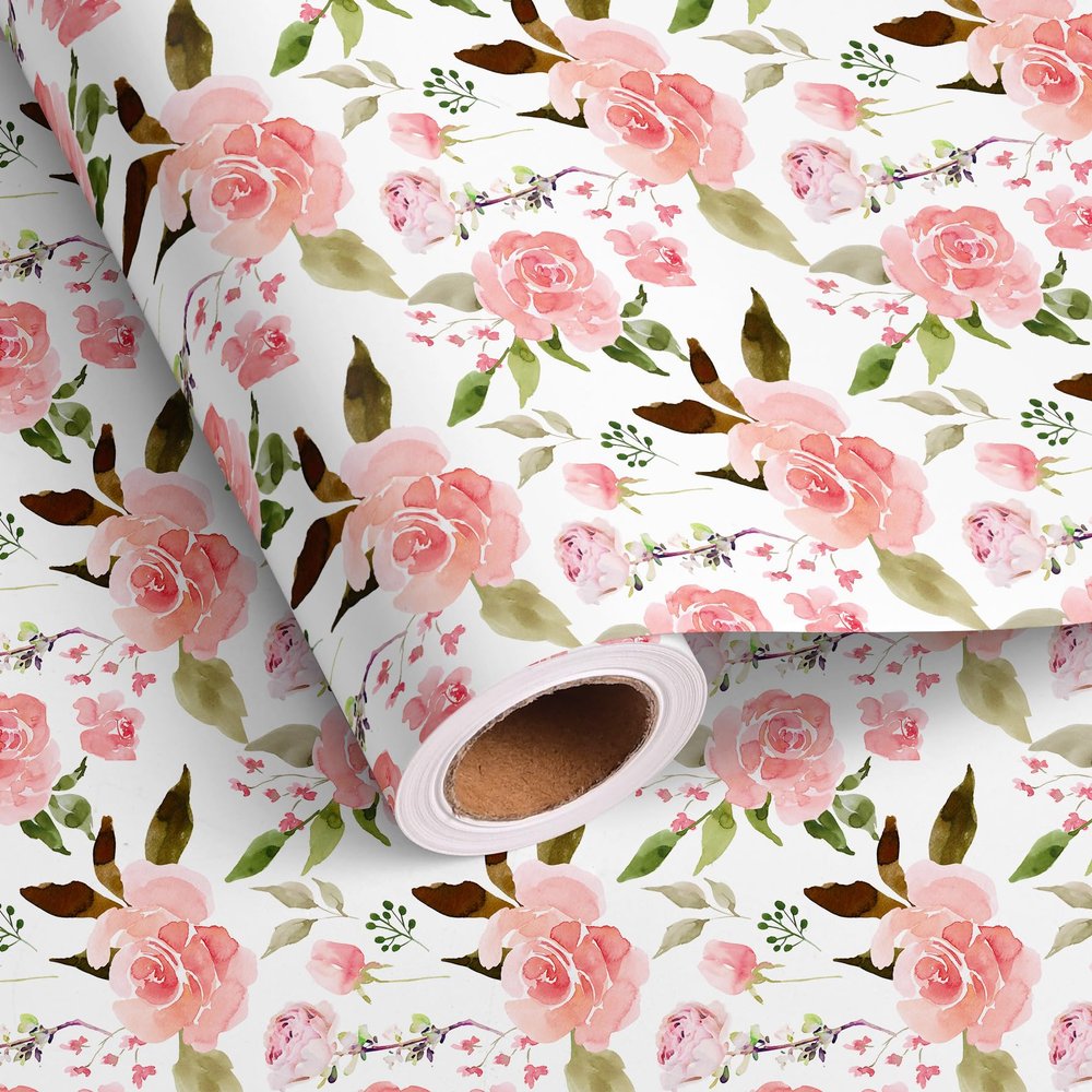 Dtiafu Pink Floral Wrapping Paper Roll - Watercolor Pink Roses Elegant Flower Gift Wrap Design for Valentine's Day Mother's Day Wedding Bridal Shower Total 28.5 sq.ft