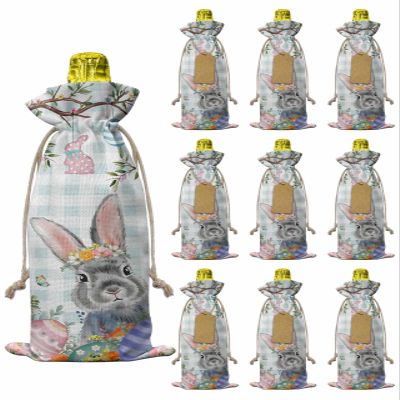 10pcs Linen Burlap Wine Bags with Drawstring Easter Wine Gift Bag with Tags Reusable Wines Bottle Cover Gift Bags for Birthday Tasting Party Supplies Spring Rabbit Colorful Eggs Tree Blue White Plaid