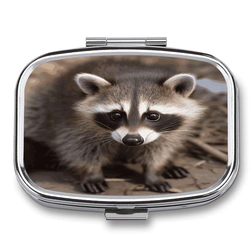 Cub Raccoon Pill Cases Portable Small Metal Medicine Box 2 Compartments Square Travel Medicine Case Daily Vitamin Organizer Box for Fish Oils Vitamins Supplements