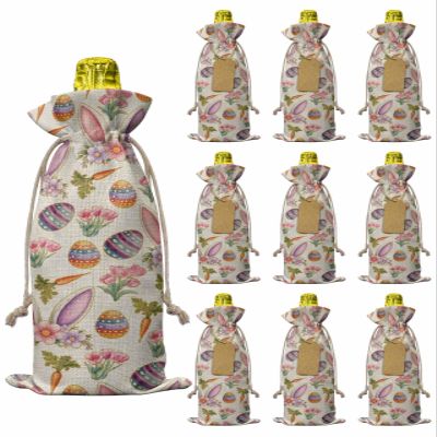 10pcs Linen Burlap Wine Bags with Drawstring Easter Wine Gift Bag with Tags Reusable Wines Bottle Cover Gift Bags for Birthday Tasting Party Supplies Country Floral Wreath Rabbit Ears Eggs Carrots