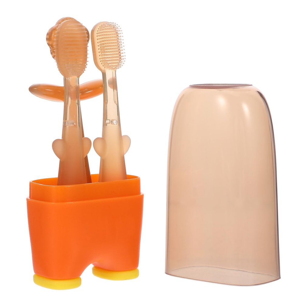 HEANUJJ Silicone Toothbrush Tongue Cleaner 3pcs Soft Oral Cleaning Brush for Newborns and Infants (Warm Orange)