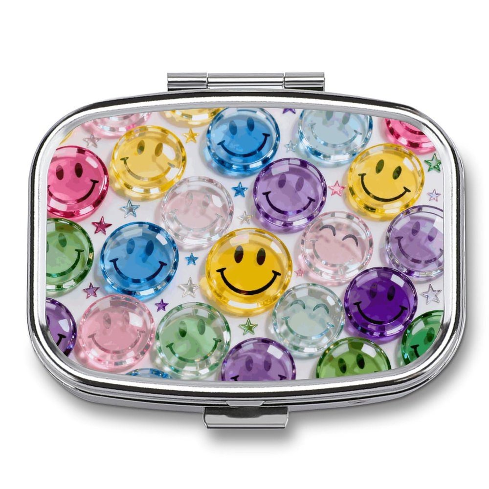 Transparent Glass Happy Face Pill Box 2 Compartment Small Pill Case,Portable for Pocket Or Purse Pills Organizer Mini Pills Container Holder to Hold Vitamins, Medication, Fish Oil and Supplements
