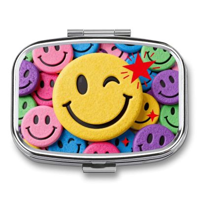 Yellow Star Happy Face Pill Box 2 Compartment Small Pill Case,Portable for Pocket Or Purse Pills Organizer Mini Pills Container Holder to Hold Vitamins, Medication, Fish Oil and Supplements