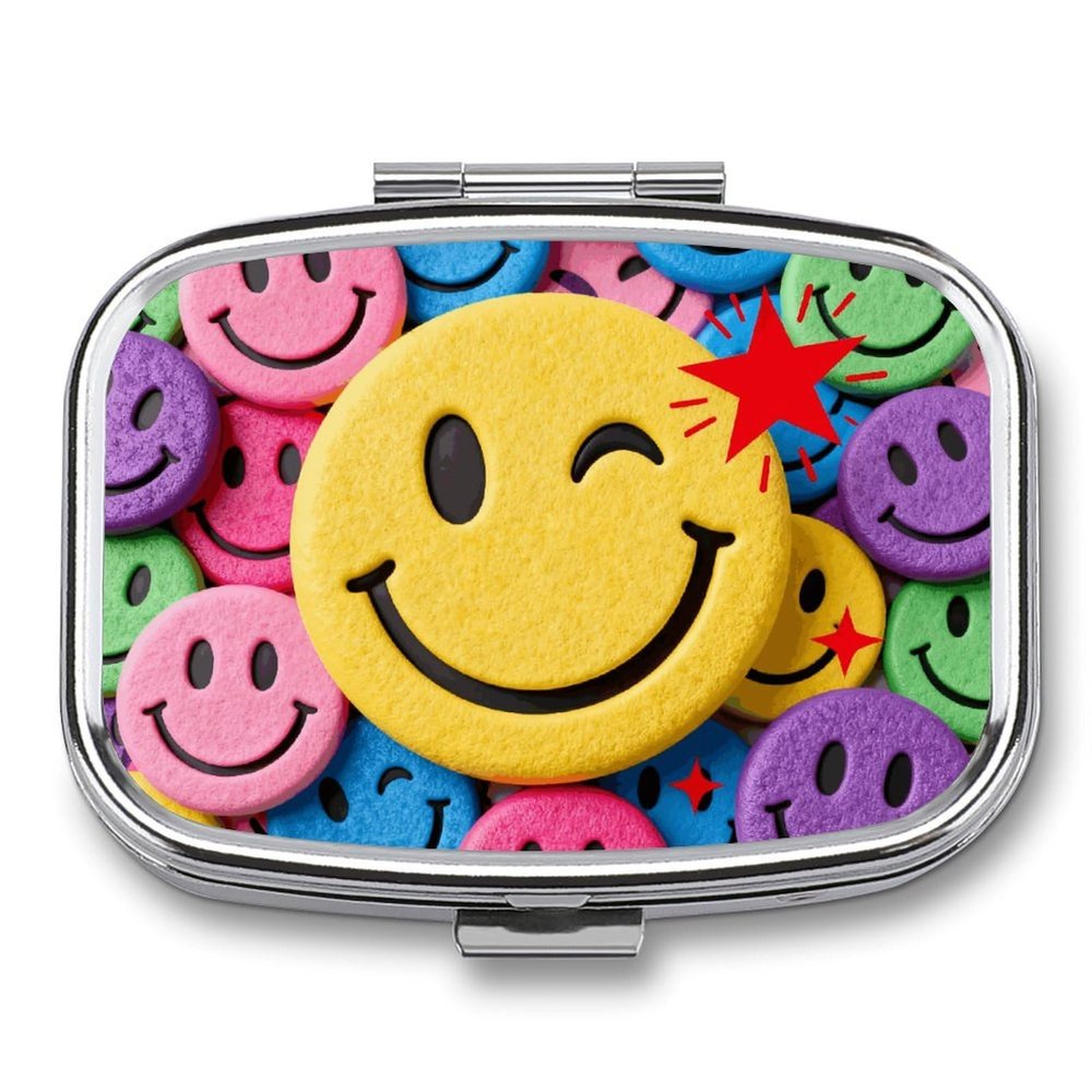 Yellow Star Happy Face Pill Box 2 Compartment Small Pill Case,Portable for Pocket Or Purse Pills Organizer Mini Pills Container Holder to Hold Vitamins, Medication, Fish Oil and Supplements