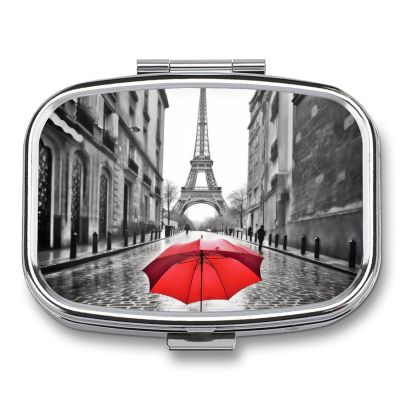 Eiffel Tower Paris Red Umbrella Pill Box 2 Compartment Small Pill Case,Portable for Pocket Or Purse Pills Organizer Mini Pills Container Holder to Hold Vitamins, Medication, Fish Oil and Supplements