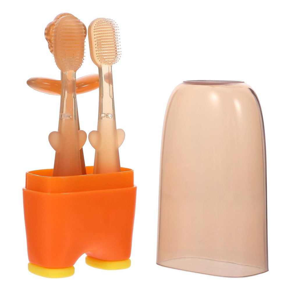 GLEAVI Silicone Toothbrush 3pcs Small Tongue Brush Oral Cleaning Brush for Newborns Mouth Cleaner Oral Care with Tongue Cleaner in Warm Orange