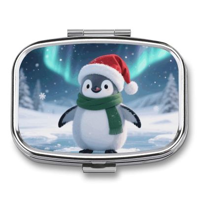 Christmas Penguin Pill Box 2 Compartment Small Pill Case,Portable for Pocket Or Purse Pills Organizer Mini Pills Container Holder to Hold Vitamins, Medication, Fish Oil and Supplements