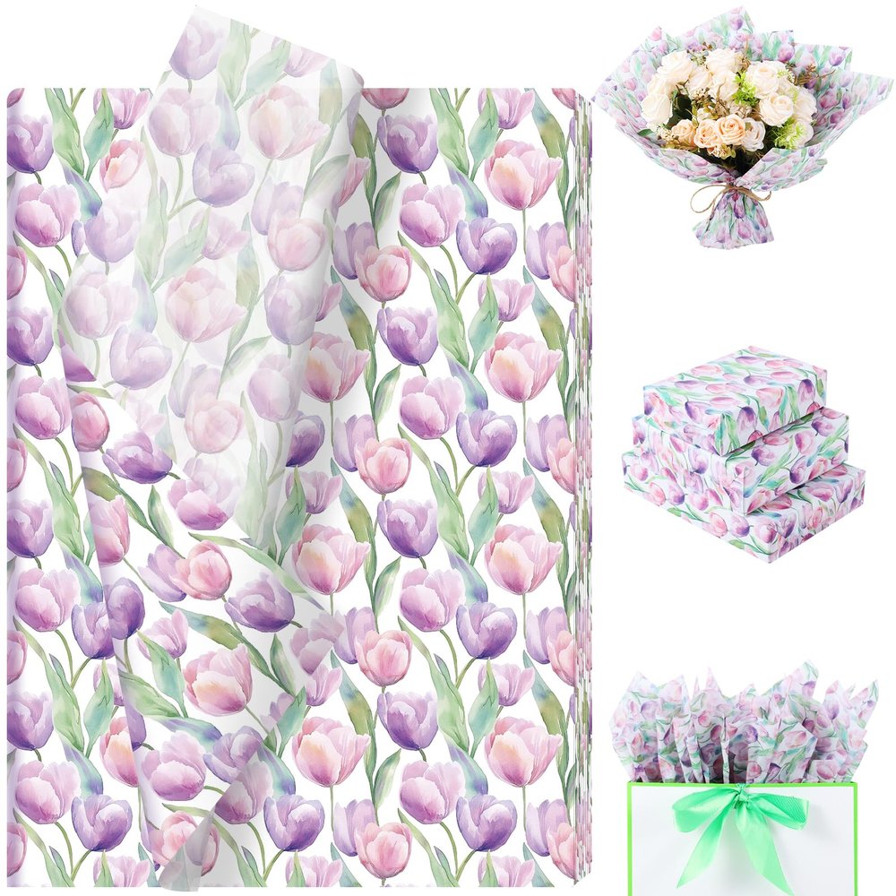 100 Sheets Spring Tulip Tissue Paper Bulk, 13.8'' x 19.7'' Watercolor Floral Seamless Pattern Art Crafts Paper for Spring Easter Birthday Baby Shower Bridal Shower Party Supplies