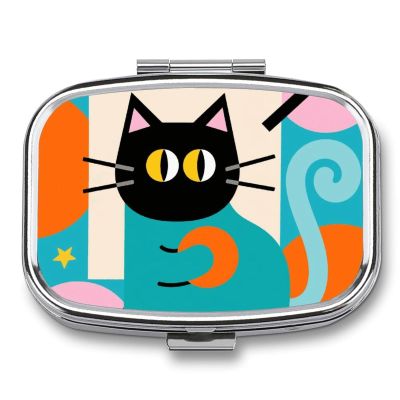 Retro Cat Illustration Pill Box 2 Compartment Small Pill Case,Portable for Pocket Or Purse Pills Organizer Mini Pills Container Holder to Hold Vitamins, Medication, Fish Oil and Supplements
