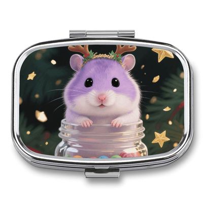 Christmas Hamster Pill Box 2 Compartment Small Pill Case,Portable for Pocket Or Purse Pills Organizer Mini Pills Container Holder to Hold Vitamins, Medication, Fish Oil and Supplements