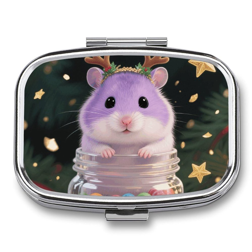 Christmas Hamster Pill Box 2 Compartment Small Pill Case,Portable for Pocket Or Purse Pills Organizer Mini Pills Container Holder to Hold Vitamins, Medication, Fish Oil and Supplements