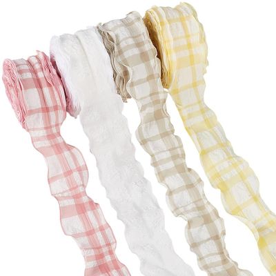 CABODYALS 4 Rolls 39.37 Yards Checkered Plaid Ribbon Double Ruffled Edge Chiffon Trim Pleated Check Lace Gingham Ruffle Polyester Ribbons for Gift Wrapping Wedding Bouquet Home Decor DIY Craft Supply