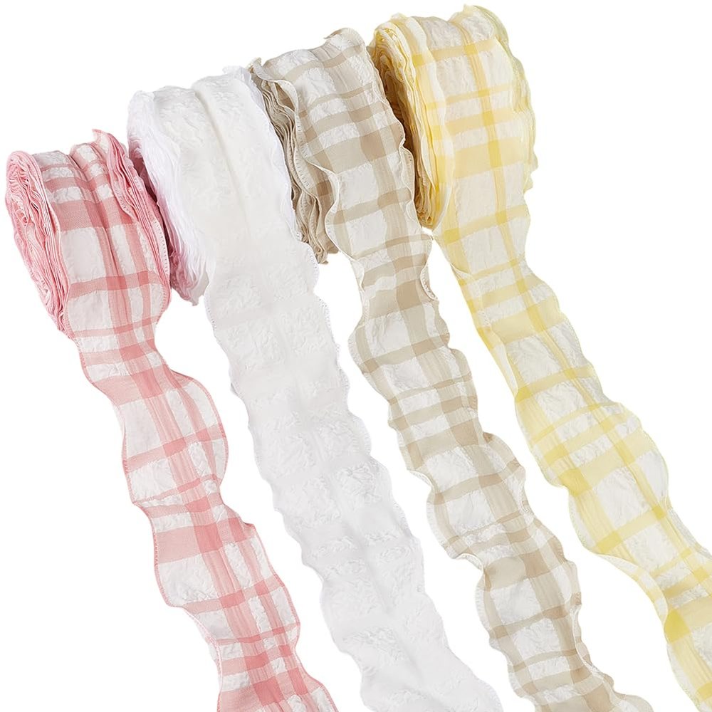 CABODYALS 4 Rolls 39.37 Yards Checkered Plaid Ribbon Double Ruffled Edge Chiffon Trim Pleated Check Lace Gingham Ruffle Polyester Ribbons for Gift Wrapping Wedding Bouquet Home Decor DIY Craft Supply