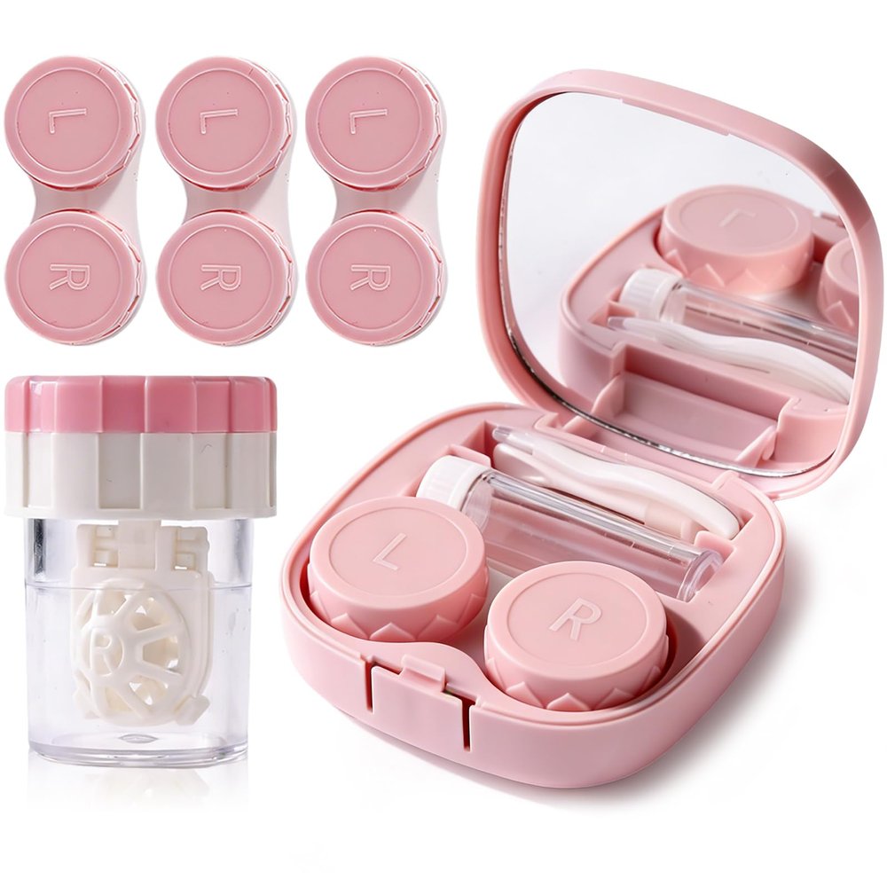 DEWSENSI Contact Lens Case with Cleaner Washer, Applicator Tool & 3 Extra Soaking Cases, Portable Travel Size for Daily Vision Care & Outdoor Use, Pink