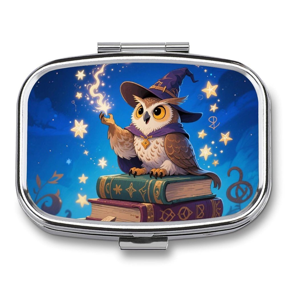 Fantasy Owl Pill Box 2 Compartment Small Pill Case,Portable for Pocket Or Purse Pills Organizer Mini Pills Container Holder to Hold Vitamins, Medication, Fish Oil and Supplements