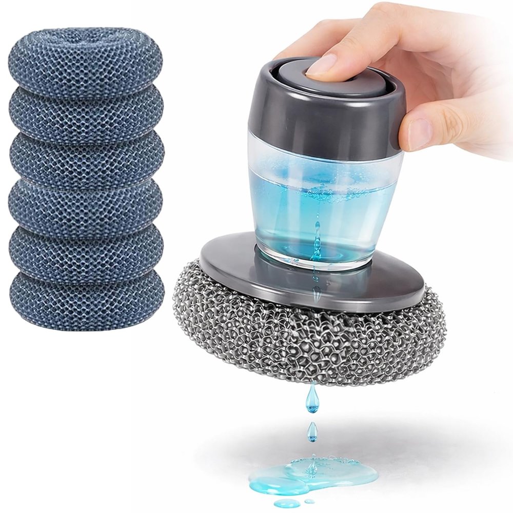 2026 New Comfort Grip Soap Dispensing Kitchen Scrub Includes 6 Replacement Brush Heads, Press-Type Pot Cleaning Brush that Does Not Damage The Pot, for Cleaning Dishes, Pots, (Set B)