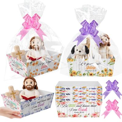 Cinrobiye 12 Set Mothers Day Religious Gift Basket Kit Christian Faith Favor Boxes with Cross & Bible Verse Design Church Event Wrapping Set with Bags and Pull Bows for Baptism Easter Supplies