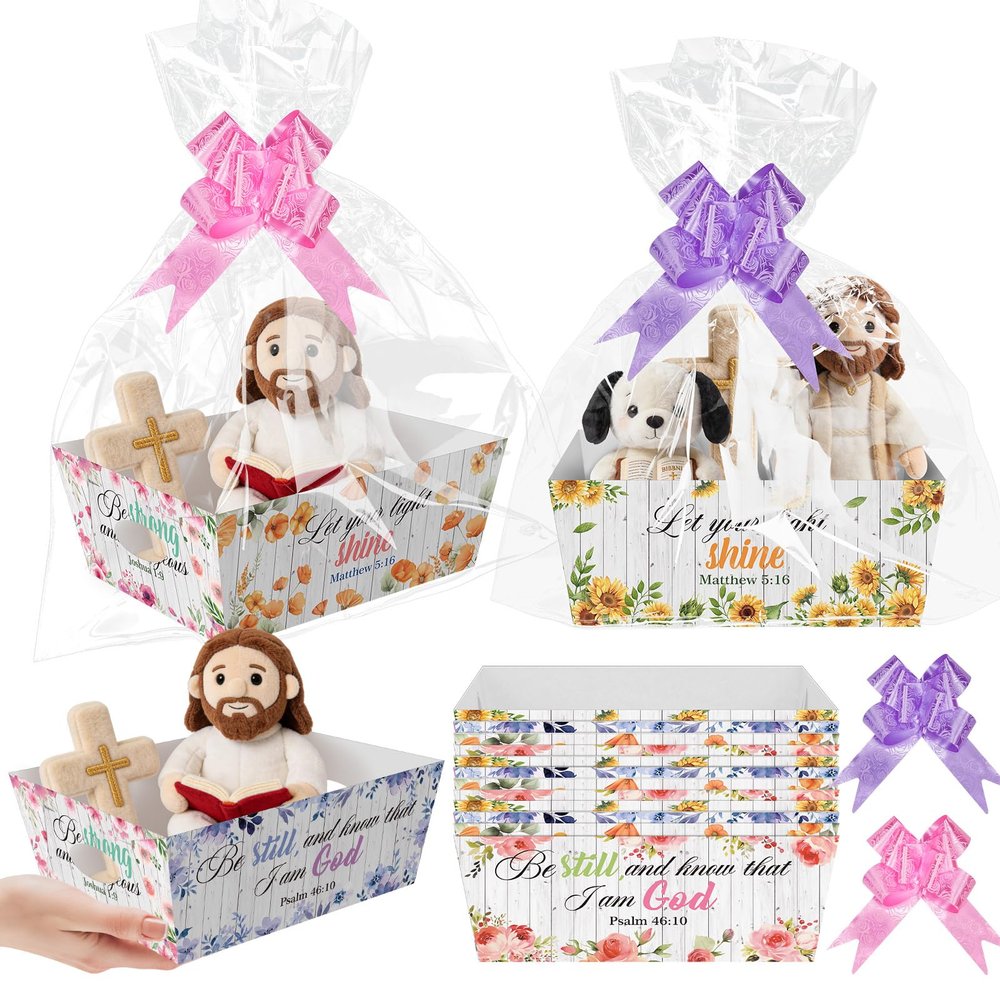 Cinrobiye 12 Set Mothers Day Religious Gift Basket Kit Christian Faith Favor Boxes with Cross & Bible Verse Design Church Event Wrapping Set with Bags and Pull Bows for Baptism Easter Supplies