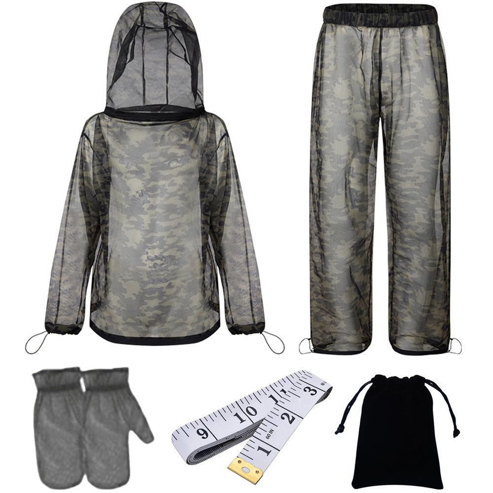 Super Tree Camo Bug & Mosquito Suit Full Set with Hooded Jacket + Pants, Carry Bag, Tape Measure, Full Body Insect Protection Breathable Outdoor Clothing for Men Women Fishing Hiking Camping Gardening