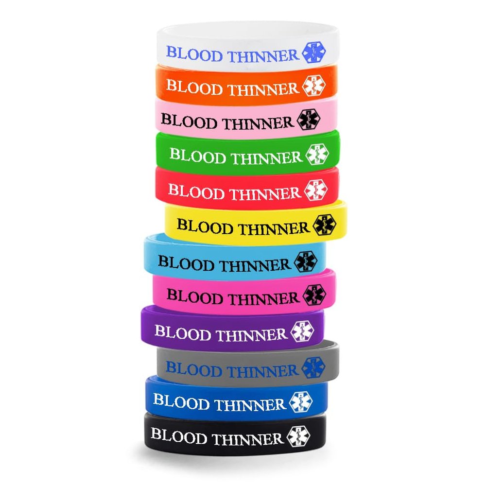 12 Pack-Blood Thinner-Medical Alert Silicone Bracelets - 12 Pack Waterproof Wristbands for Men Women Kids, Personalized Emergency ID Bracelets with Contact Info, Durable(7.1 Inch)