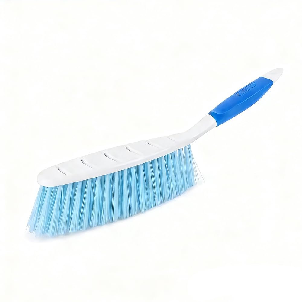 14 Inch Hand Broom Brush - Soft Bristle Long Handle, Crumb Hair Removal for Car Bed Counter Furniture No Scratch, Red (Blue)