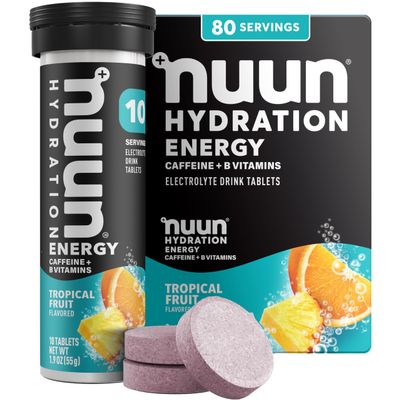 Nuun Energy Caffeine + B Vitamins, Electrolyte Hydration Tablets with Caffeine from Green Tea Extract, Magnesium & 4 Other Electrolytes, Gluten Free, Vegan, Tropical Fruit, 8 Pack (80 Servings Total)