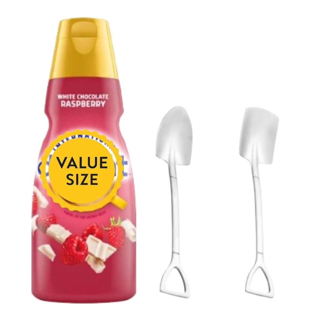 Premium Liquid Coffee Creamer, 32 fl oz Liquid Non-Dairy Creamer for Coffee with Dumbass Coffee Mini Metal Shovel Spoons (White Chocolate Raspberry) Shovel Spoons