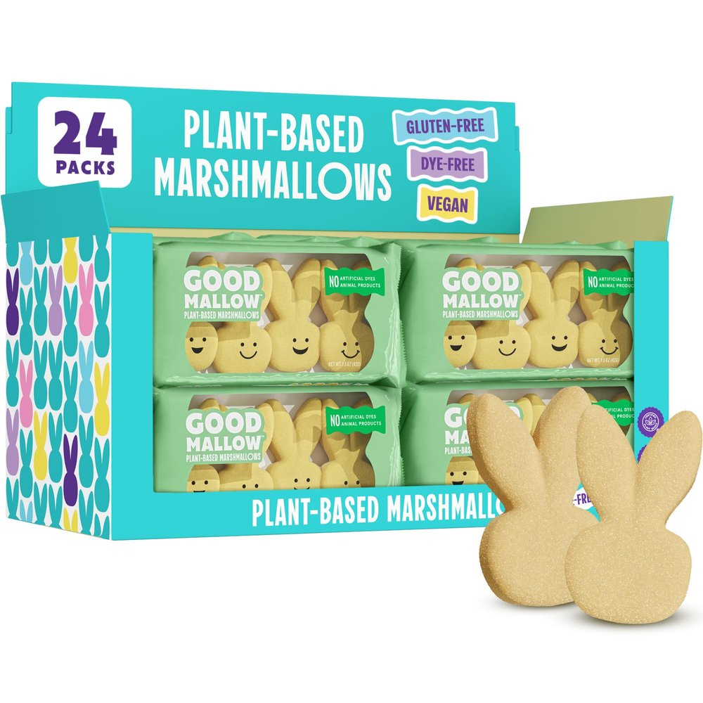 GoodMallow Plant-Based Easter Bunny Marshmallows 24 x 4 Pack Yellow 100% Vegan Marshmallows with No Artificial Dyes Non-Dairy, Gluten Free, Gelatin Free Marshmellows, Easter Candy (96 Yellow Bunnies)