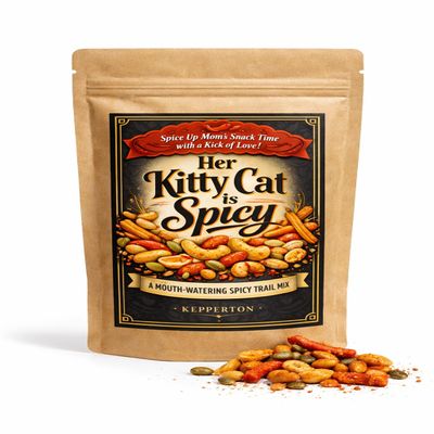 Her Kitty Cat is Spicy by Kepperton - Spicy Trail Mix Gift for Mom, Bold Snack with Peanuts, Churritos, Cashews, Pepitas, Unique Mother's Day Candy Treat Pouch