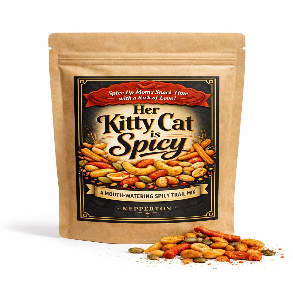 Her Kitty Cat is Spicy by Kepperton - Spicy Trail Mix Gift for Mom, Bold Snack with Peanuts, Churritos, Cashews, Pepitas, Unique Mother's Day Candy Treat Pouch
