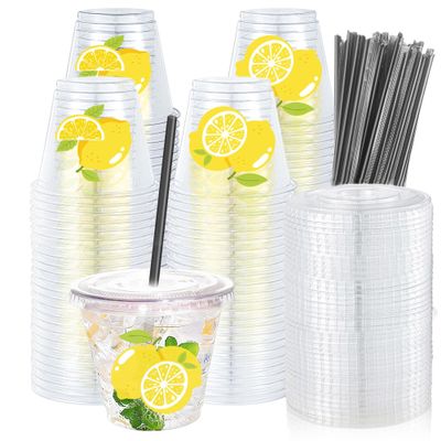 ZCCLINN Lemonade Stand Plastic Cups with Lids and Straws - 100 Pack 9oz Lemon Bar Party Disposable Cup Bulk Supplies for Kids, Yellow Clear To Go Drinking for Holiday Summer Juice Cold Water Drink