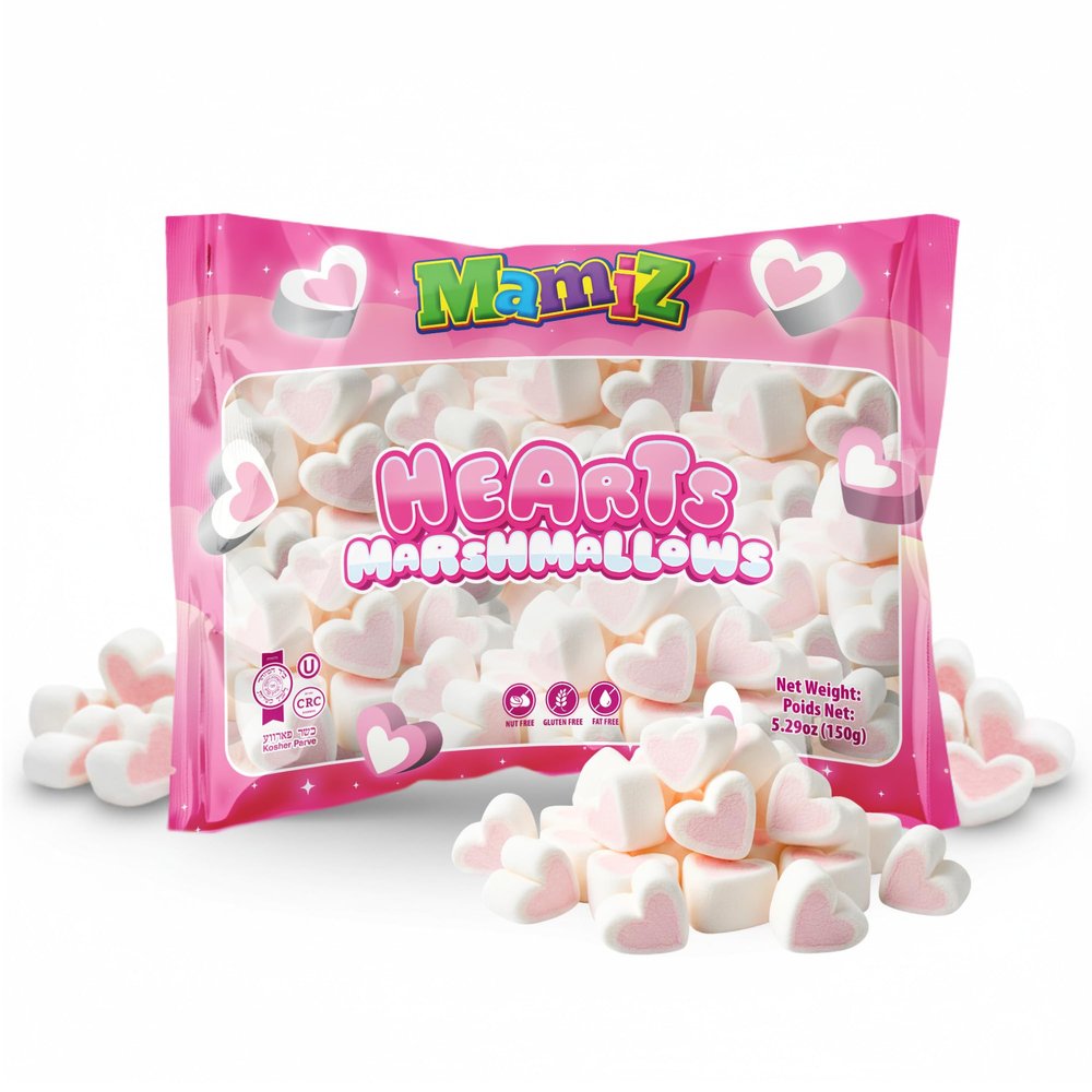 Mamiz Heart Shaped Marshmallows, Valentines Day Candy for Kids, Soft & Fluffy, Parties & Gifts Kosher, Nut Free, Gluten Free, Fat Free, 150g