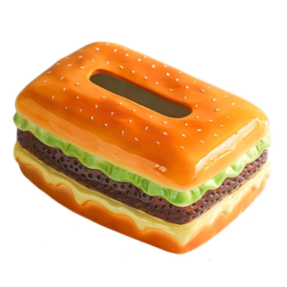 Tissue Box Hamburger Tissue Box Realistic Shaped Ceramic Home Decor Fun Fortune Burger Novel Boxes Room Decor Holder(Square)