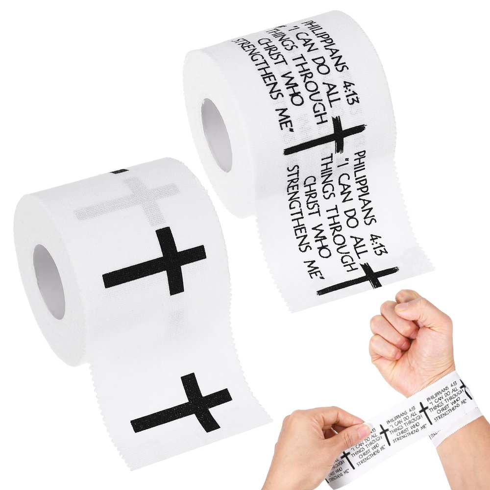 2 Pack Christian Cross Tape for Athletes Religious Bible Verse, White Wrist Tape Baseball Soccer Tennis Wristband 2in x 23ft Cotton Easy to Tear for Ankle Fingers Injury Wrap Sports Gymnastics